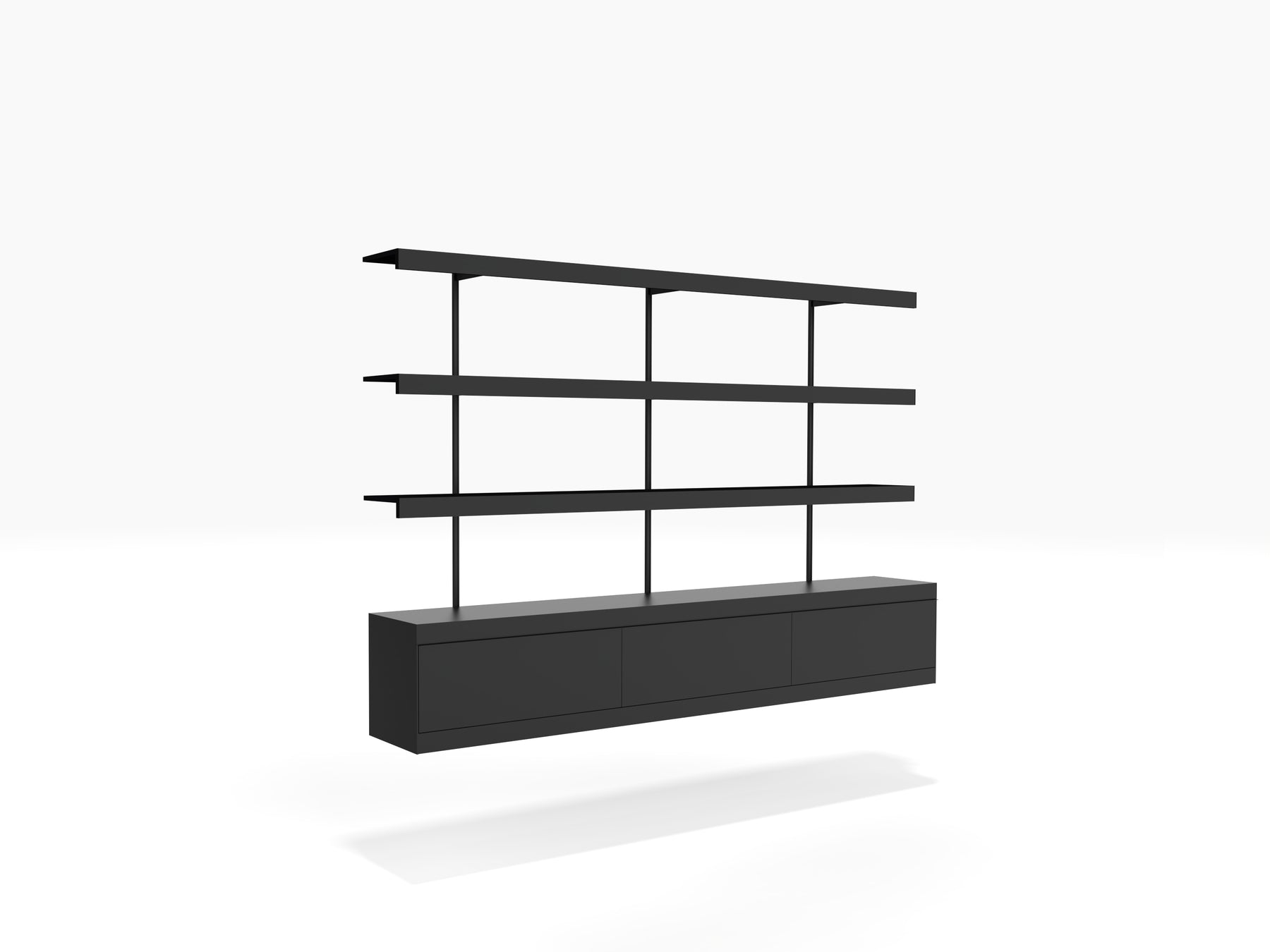Black wall mounted book shelves and cabinet