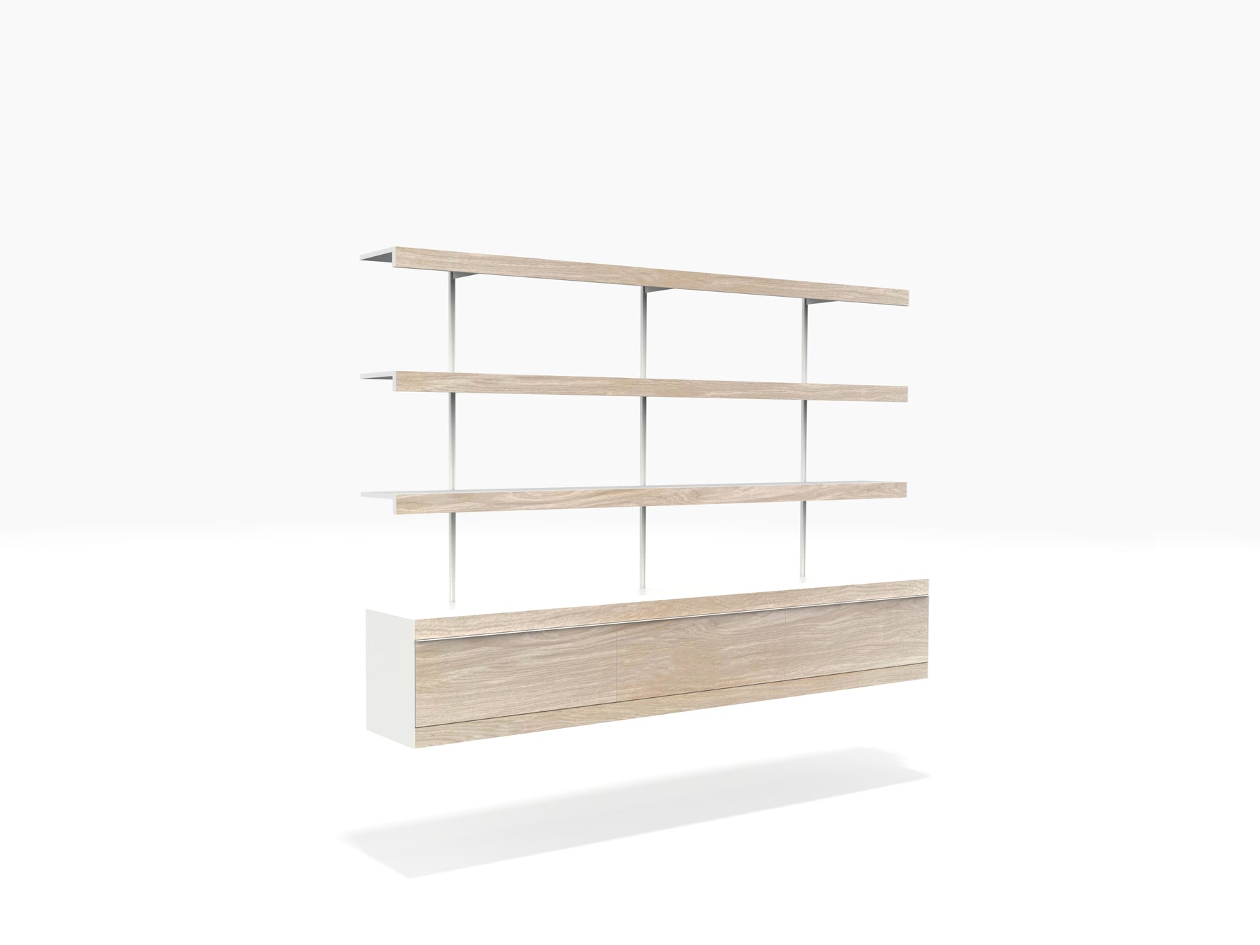 White & oak wall shelving system for books with cabinet