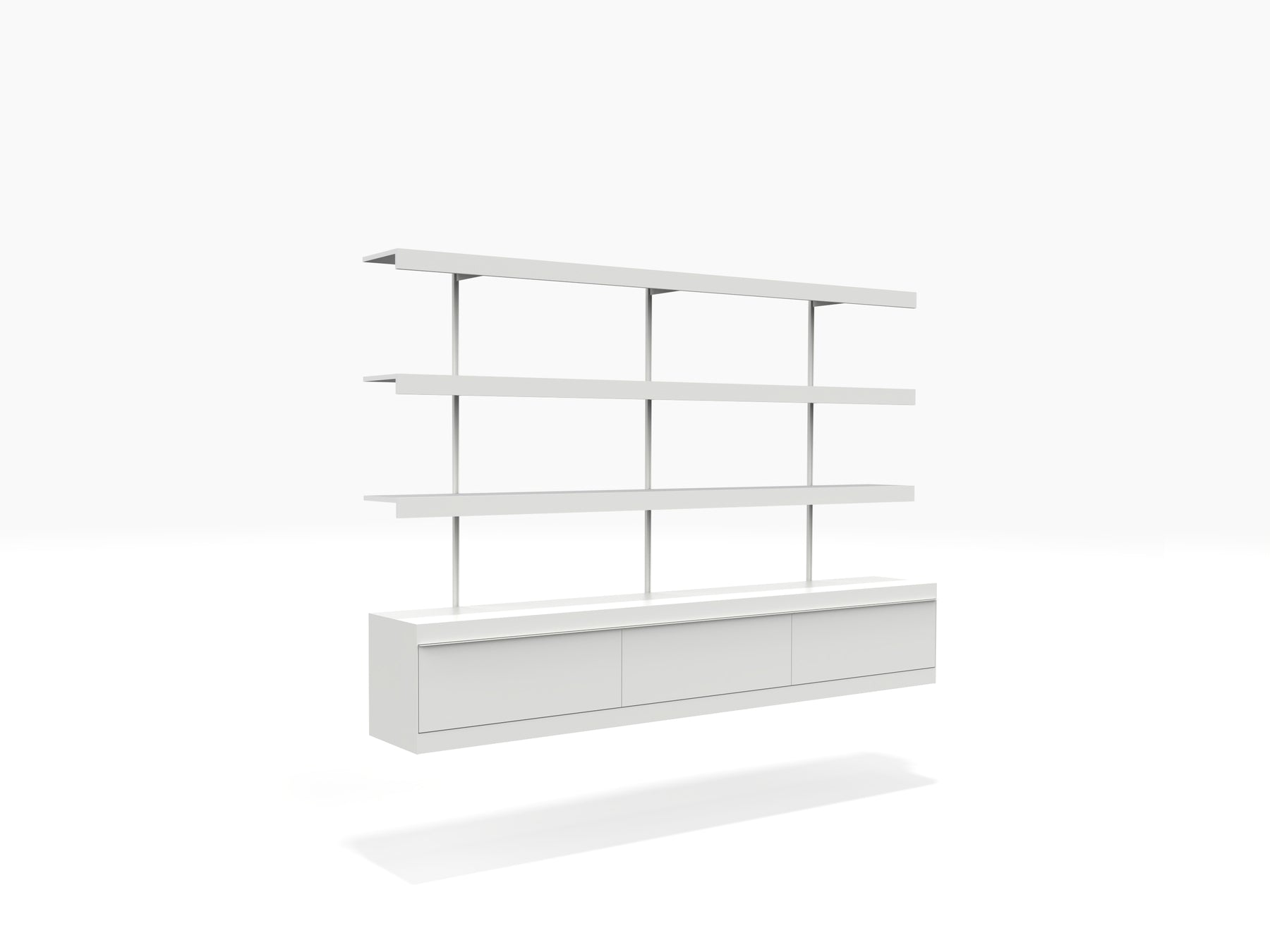 White wall mounted adjustable book shelving with wall cabinet