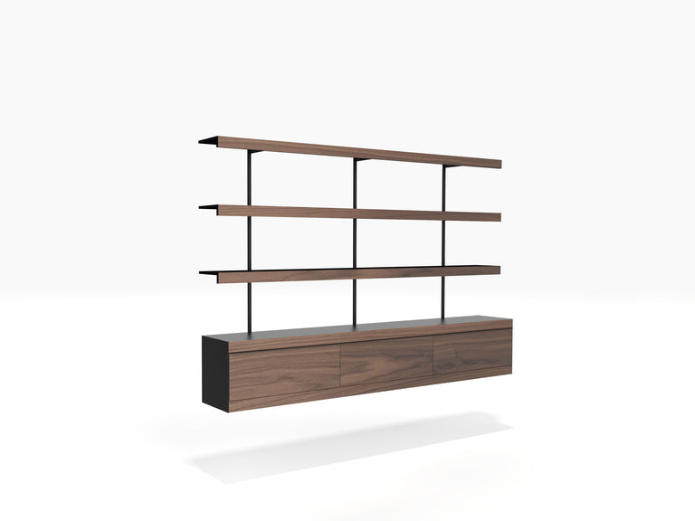wall mounted book shelving with wall cabinet in black & walnut