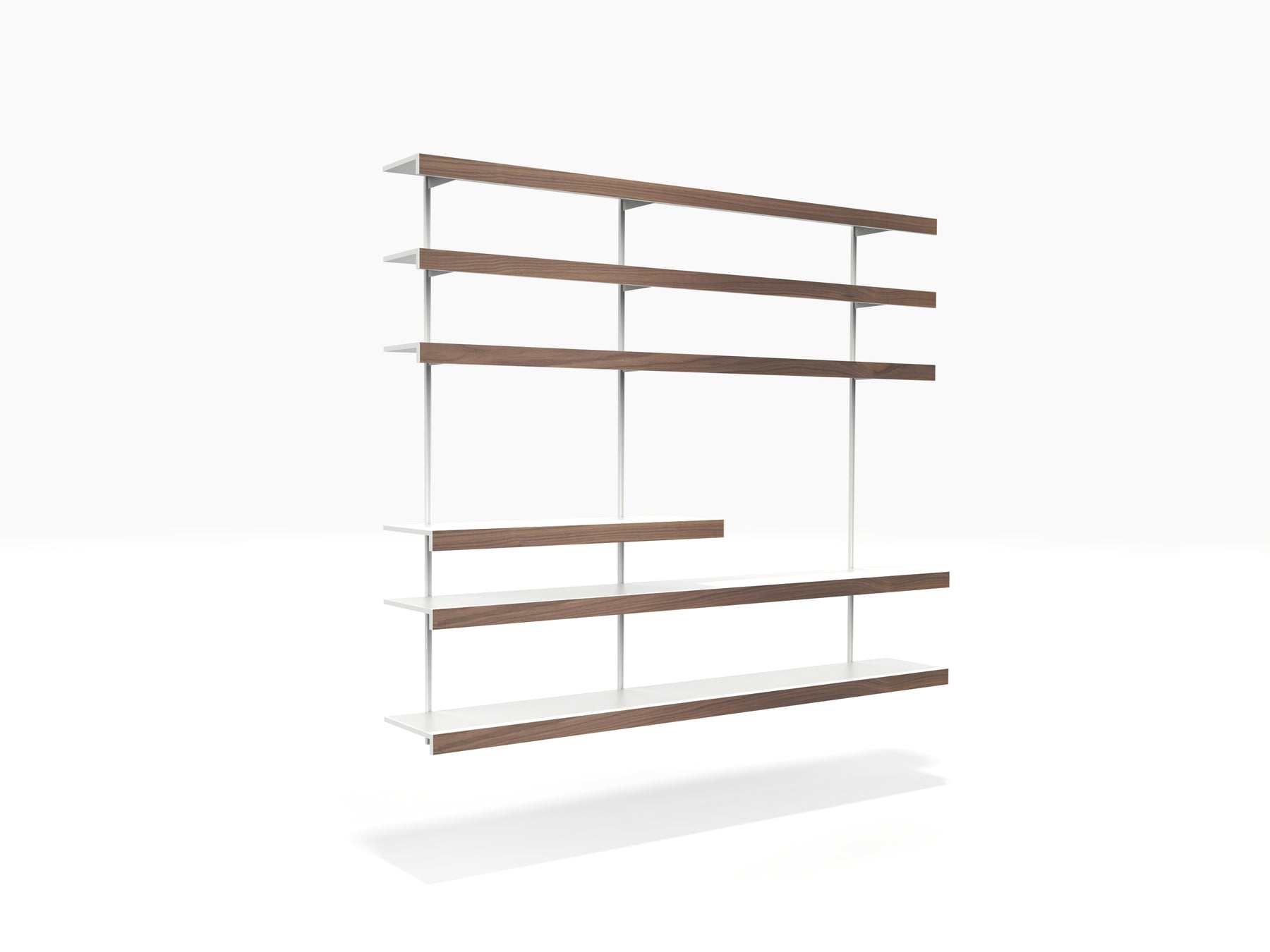 white and walnut wall mounted shelving system by ON&ON