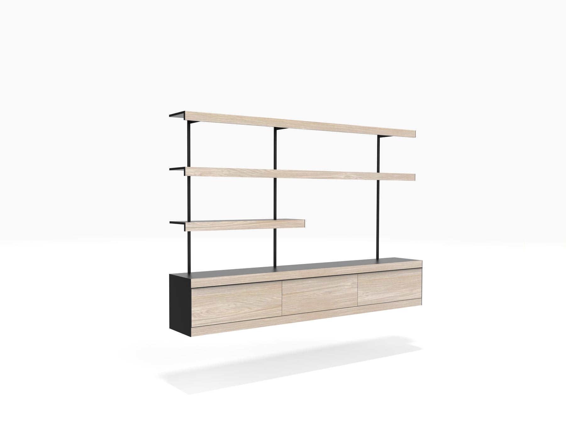 modern TV unit wall mounted with shelves in black and oak finish