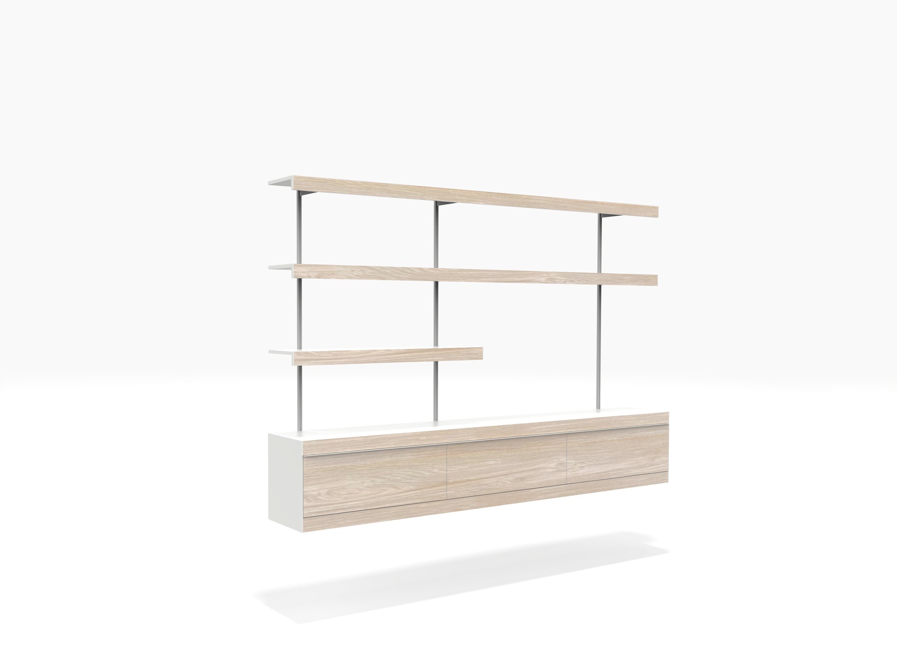 TV shelving unit with shelves in white and oak