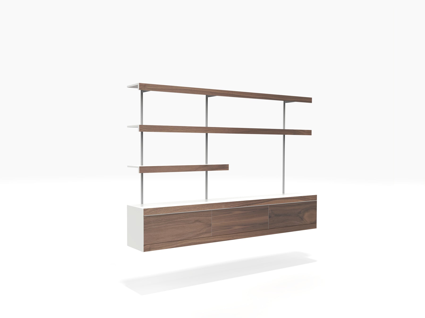 modern wall mounted TV stand in white and walnut