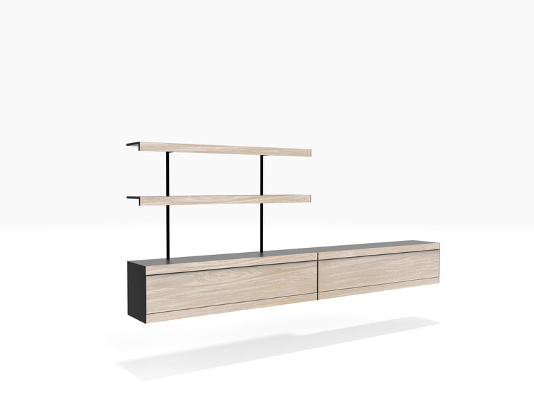Wall mounted TV cabinet with floating shelves in black and oak