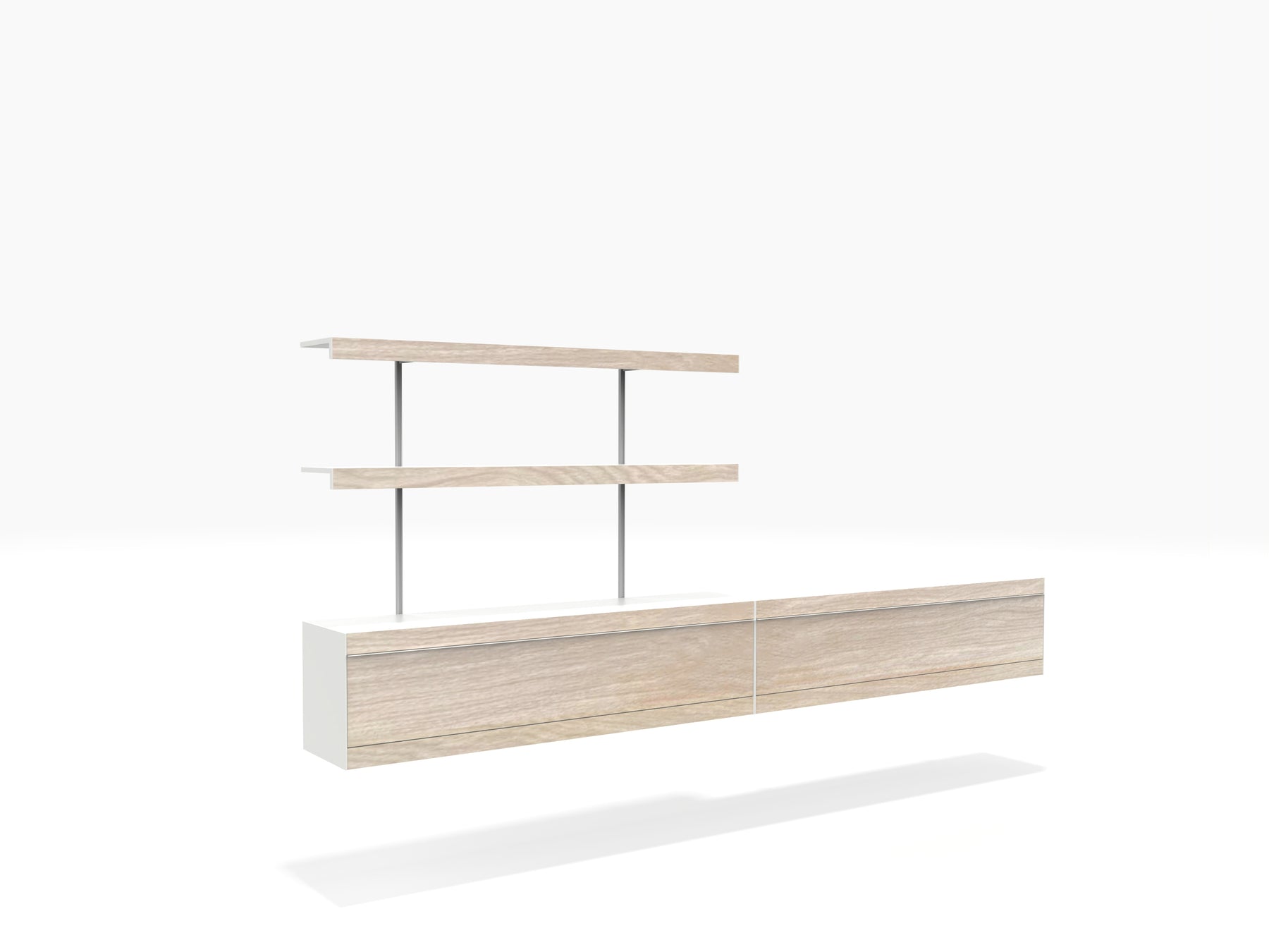 TV media unit with wall shelving in white and oak