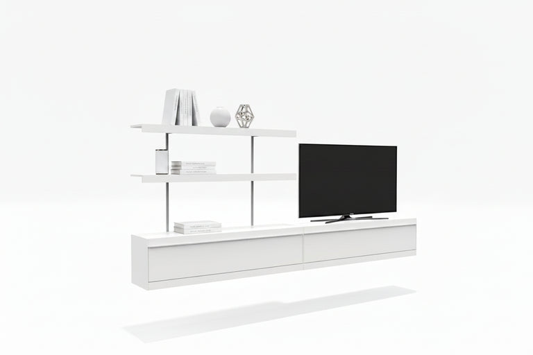 ON&ON TV storage wall mounted with floating shelves in white