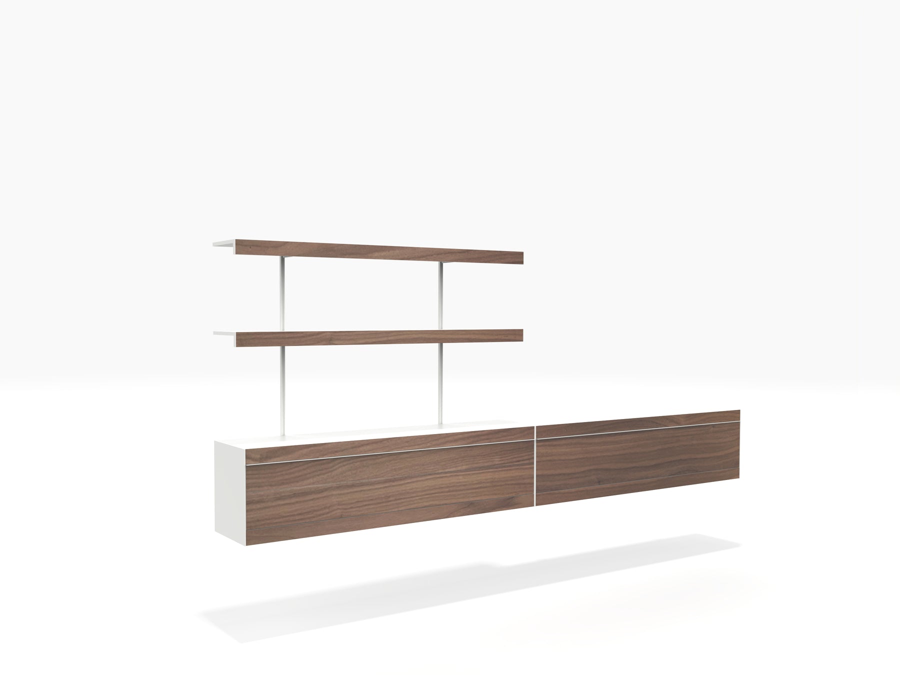 TV stand wall mounted shelving system in white and walnut