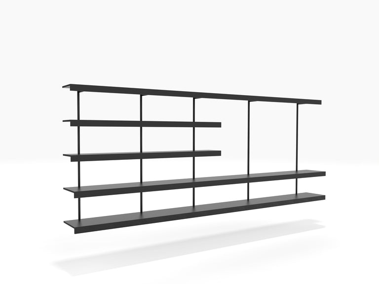 Black shelving system with long seamless shelves