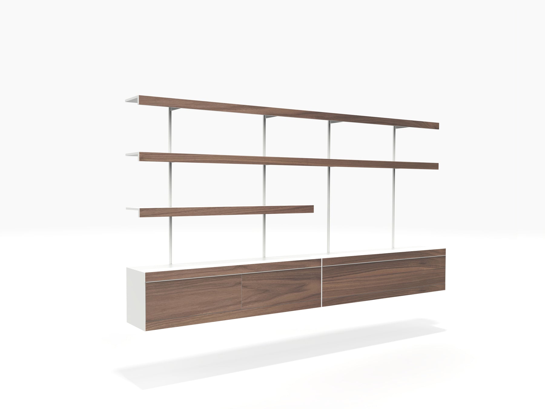 modern wall TV media unit wall mounted in white and walnut
