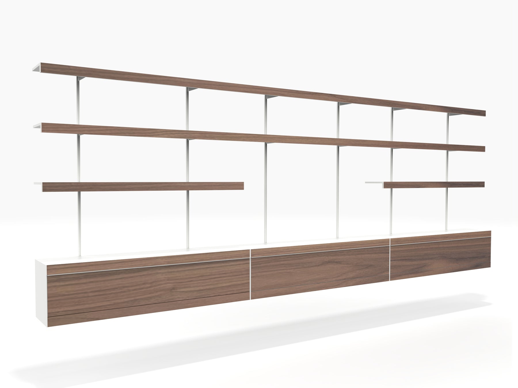 TV shelving wall with wall cabinets in white and walnut