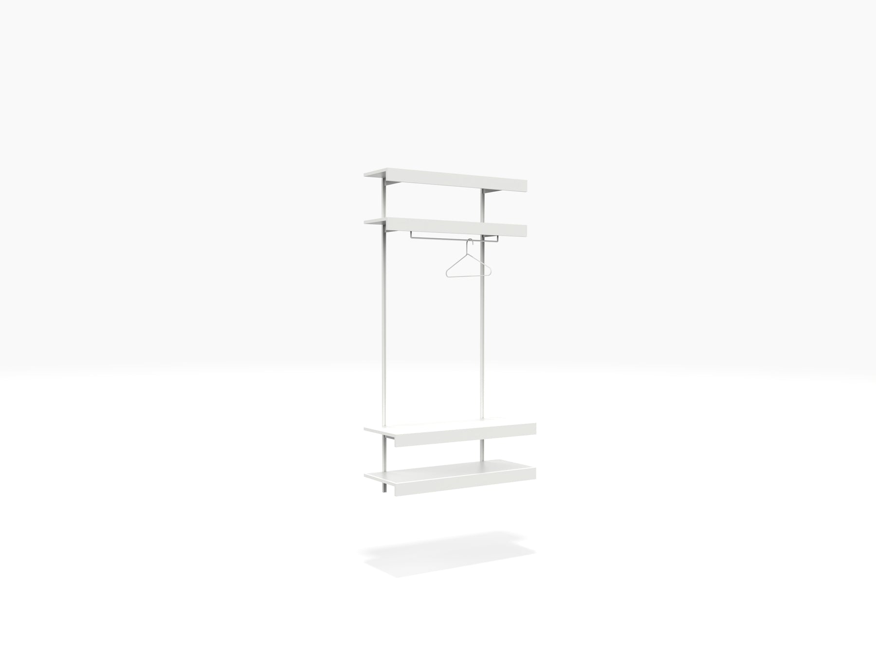 White wall mounted shelving system with clothes rail