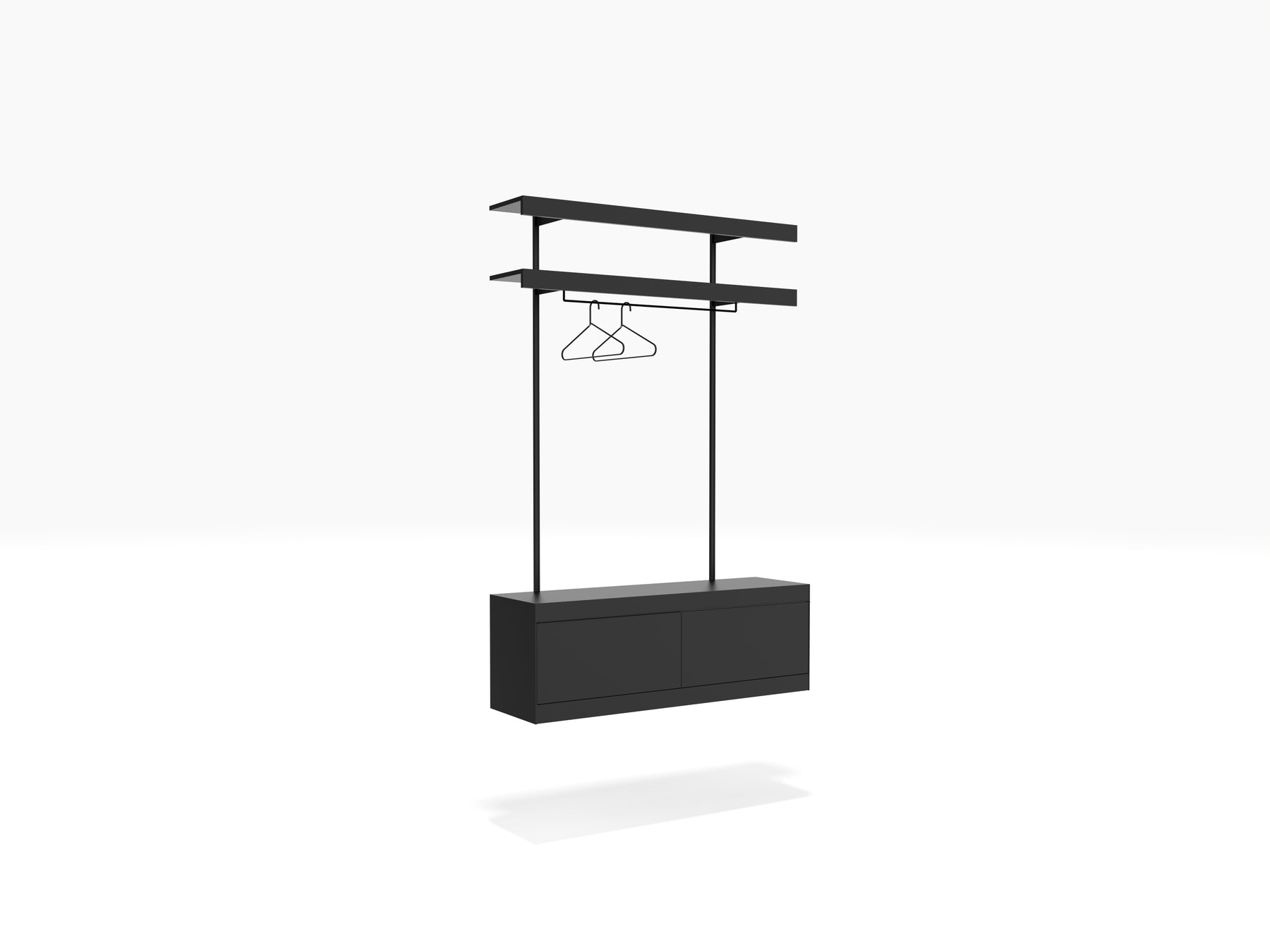 Open wardrobe shelving system in black with clothes rail