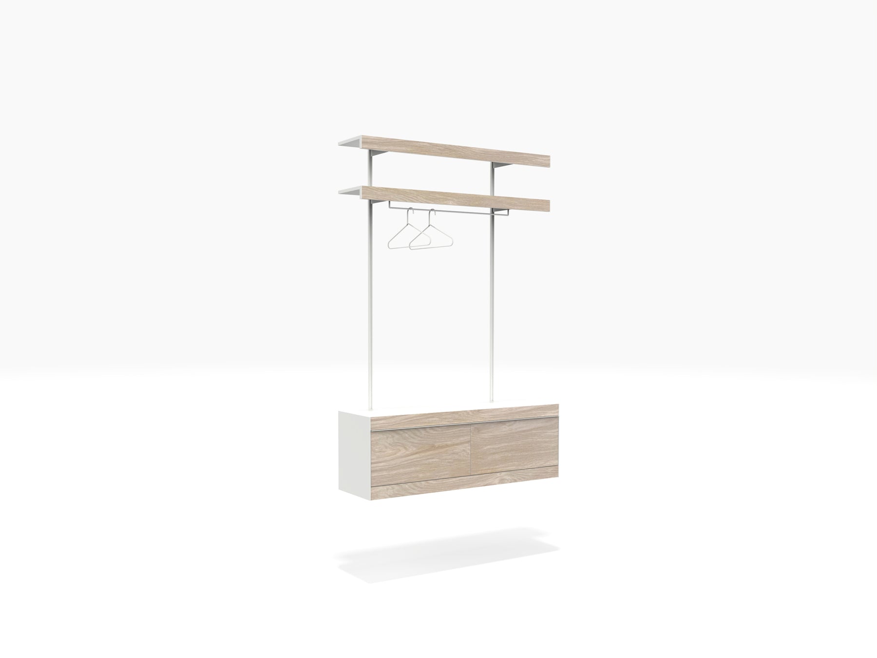 ON&ON white & oak modular shelving with clothes rail
