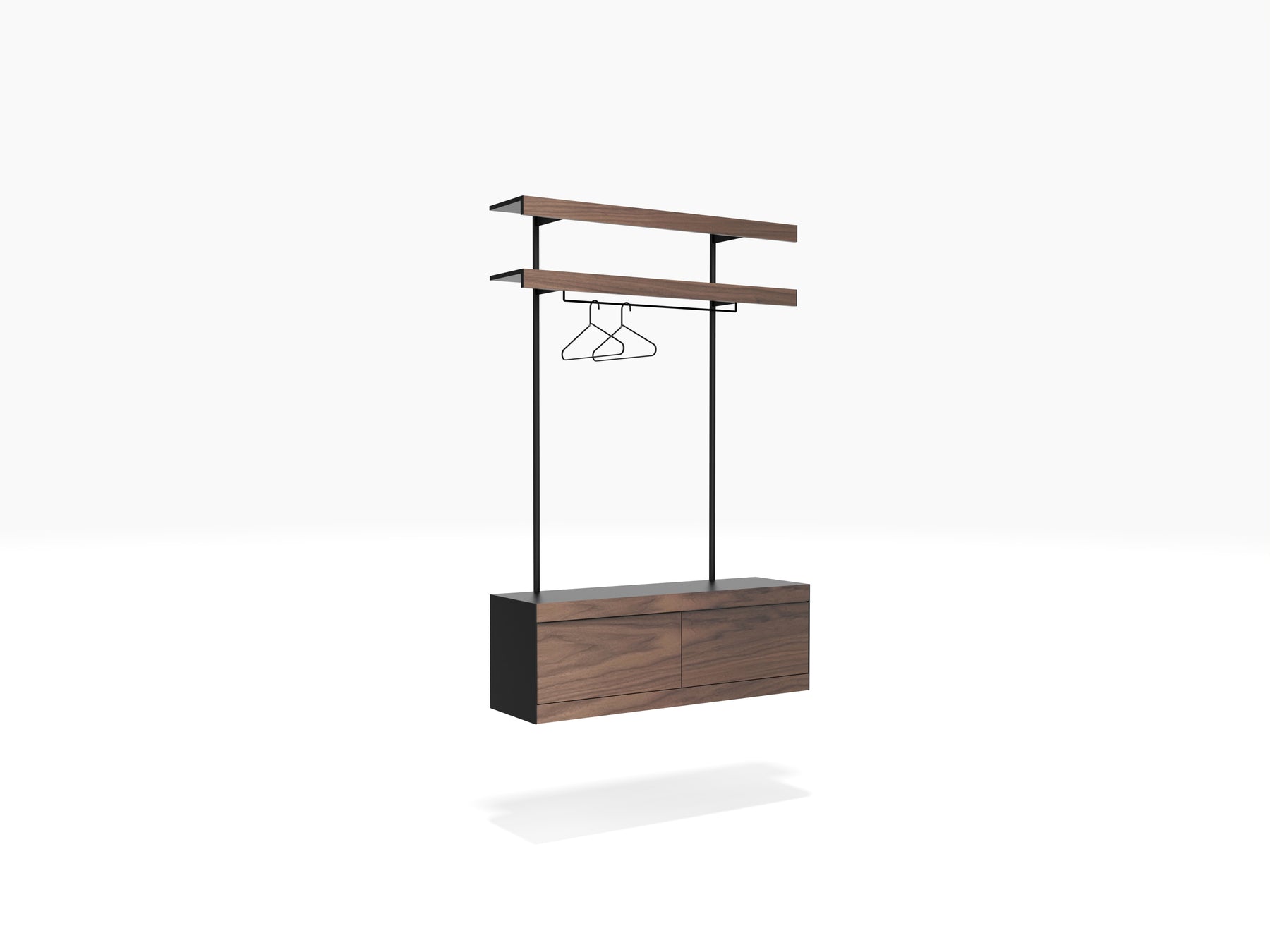 Black & walnut compact modular shelving system with clothes rail 