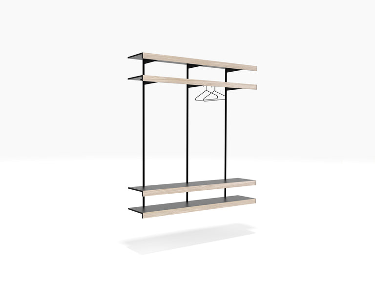 Wall modular shelving with clothes rail black & oak