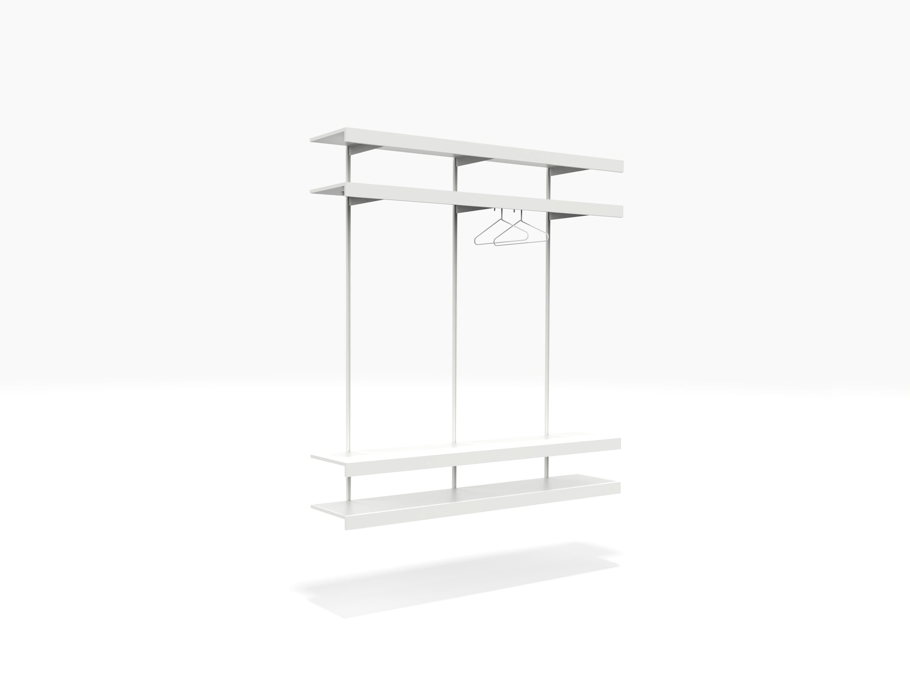 Wall modular shelving in white with clothes rail 