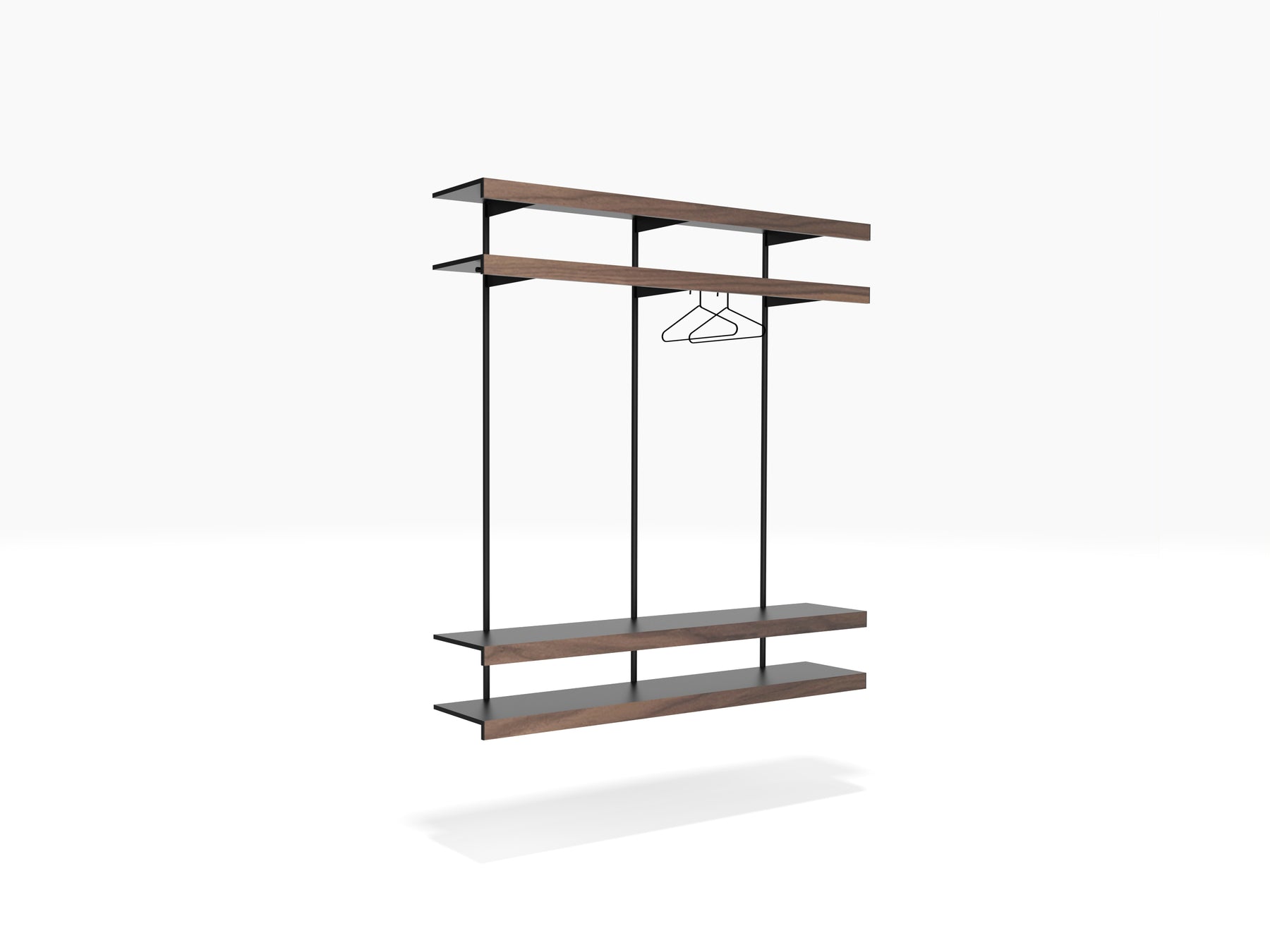 wall mounted clothes rail with black & walnut shelving