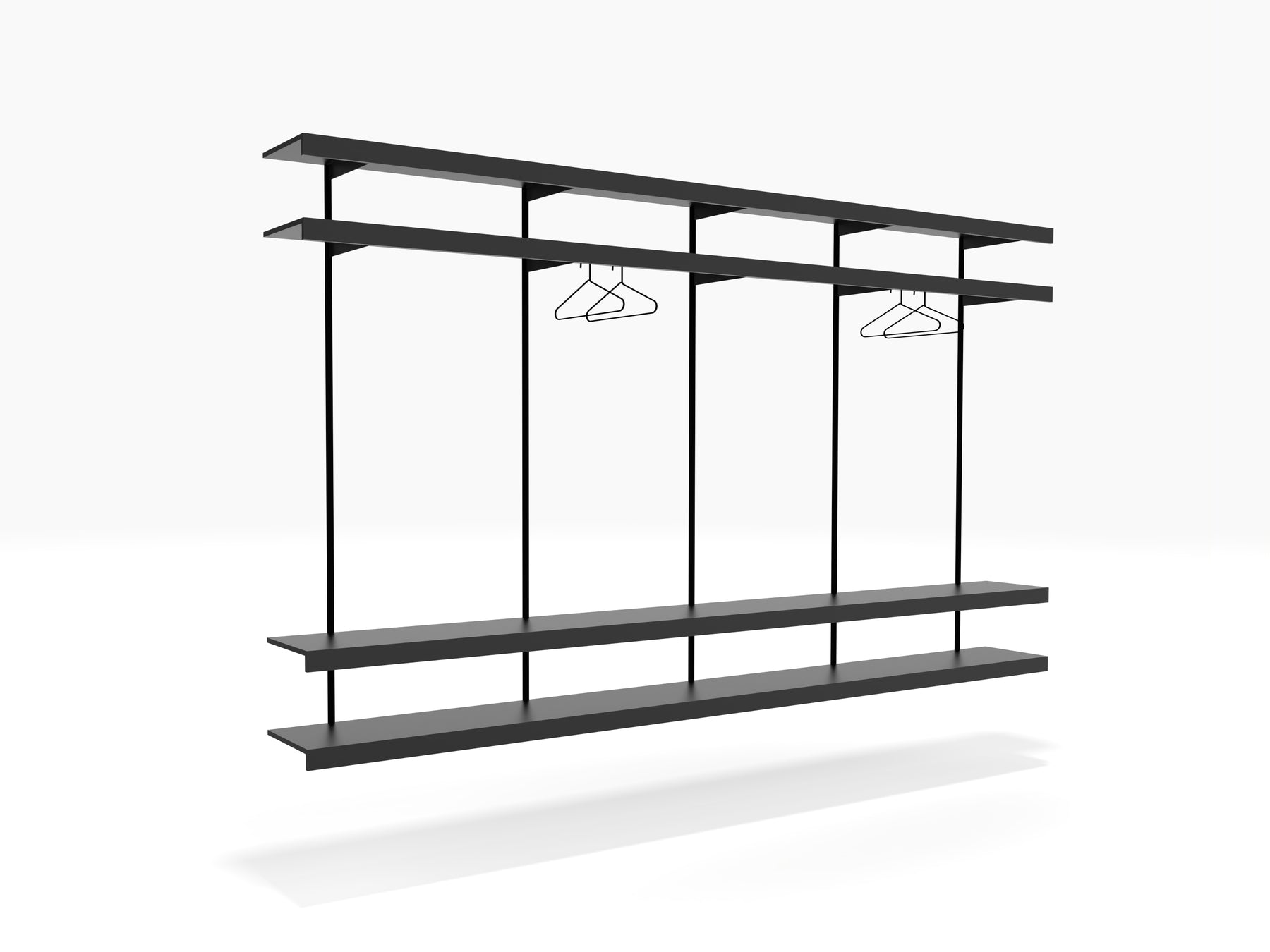 Long wall mounted black shelves with clothes rail