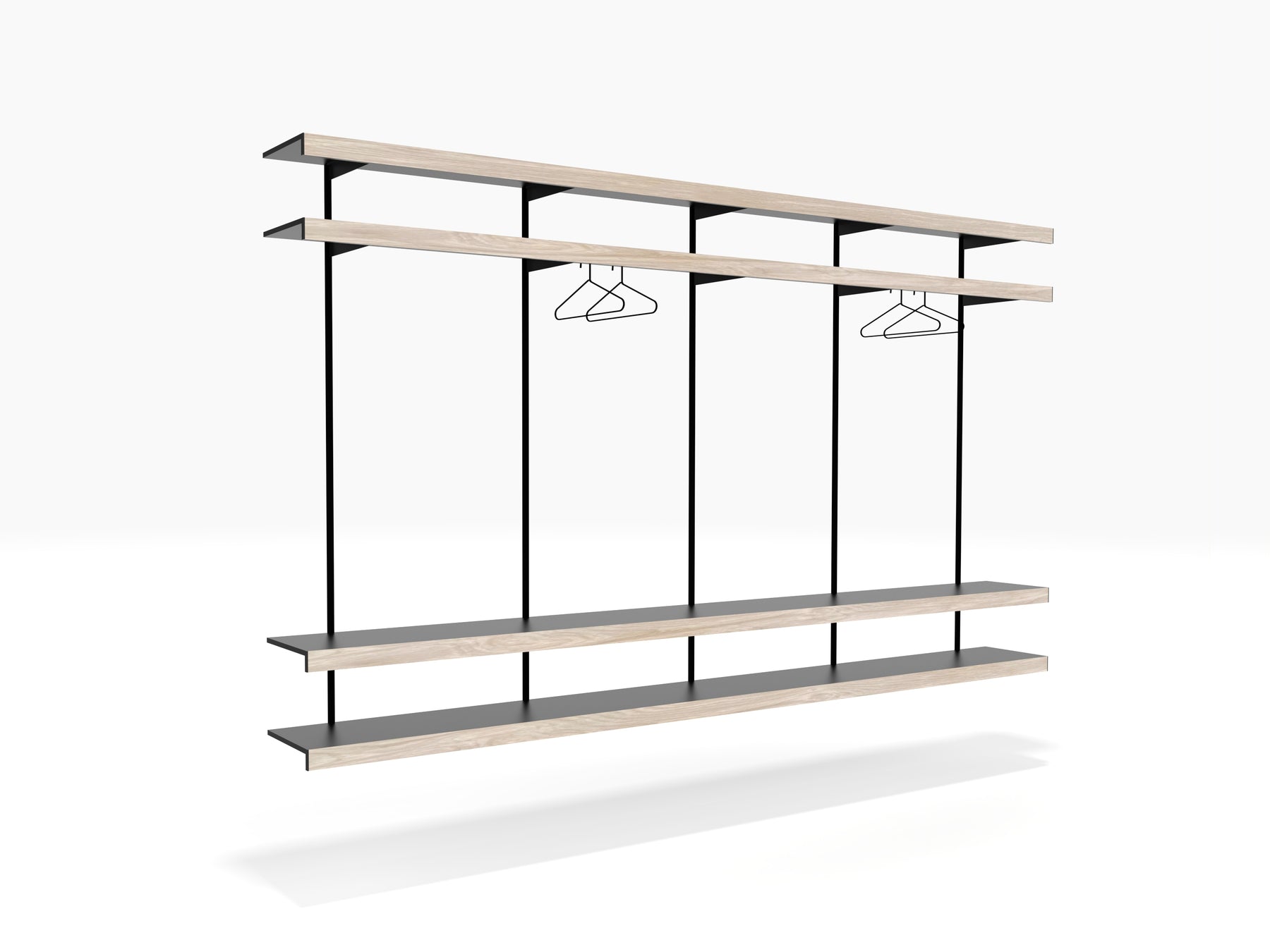 Walk-in wardrobe long wall mounted shelving with clothes storage