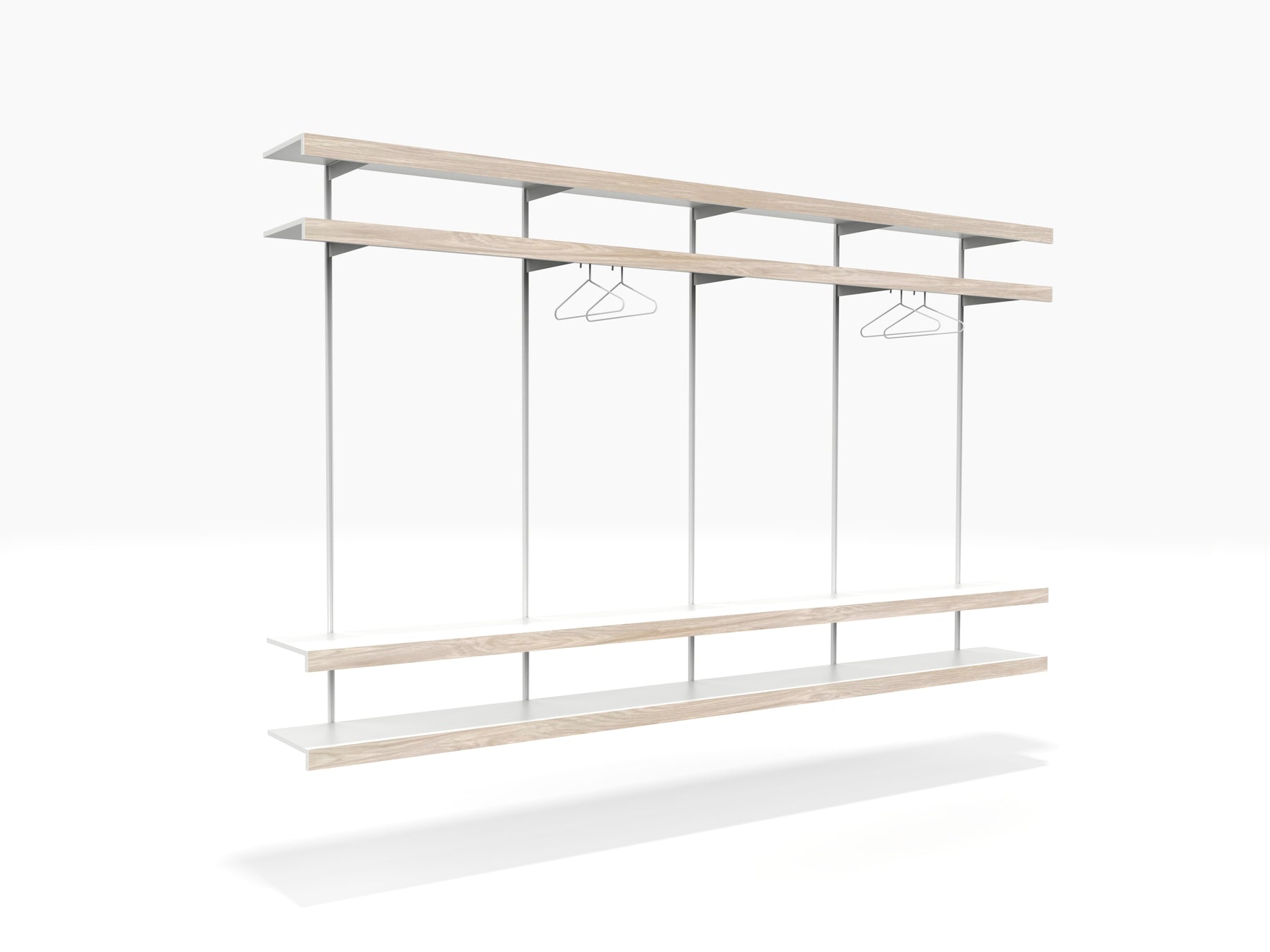 white & oak open wardrobe wall mounted shelving system