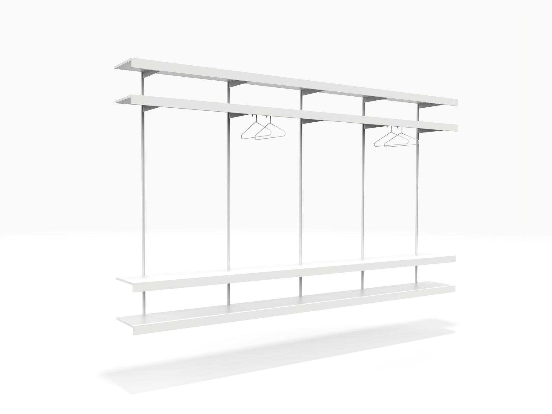 white wall modular shelving with long clothes rail