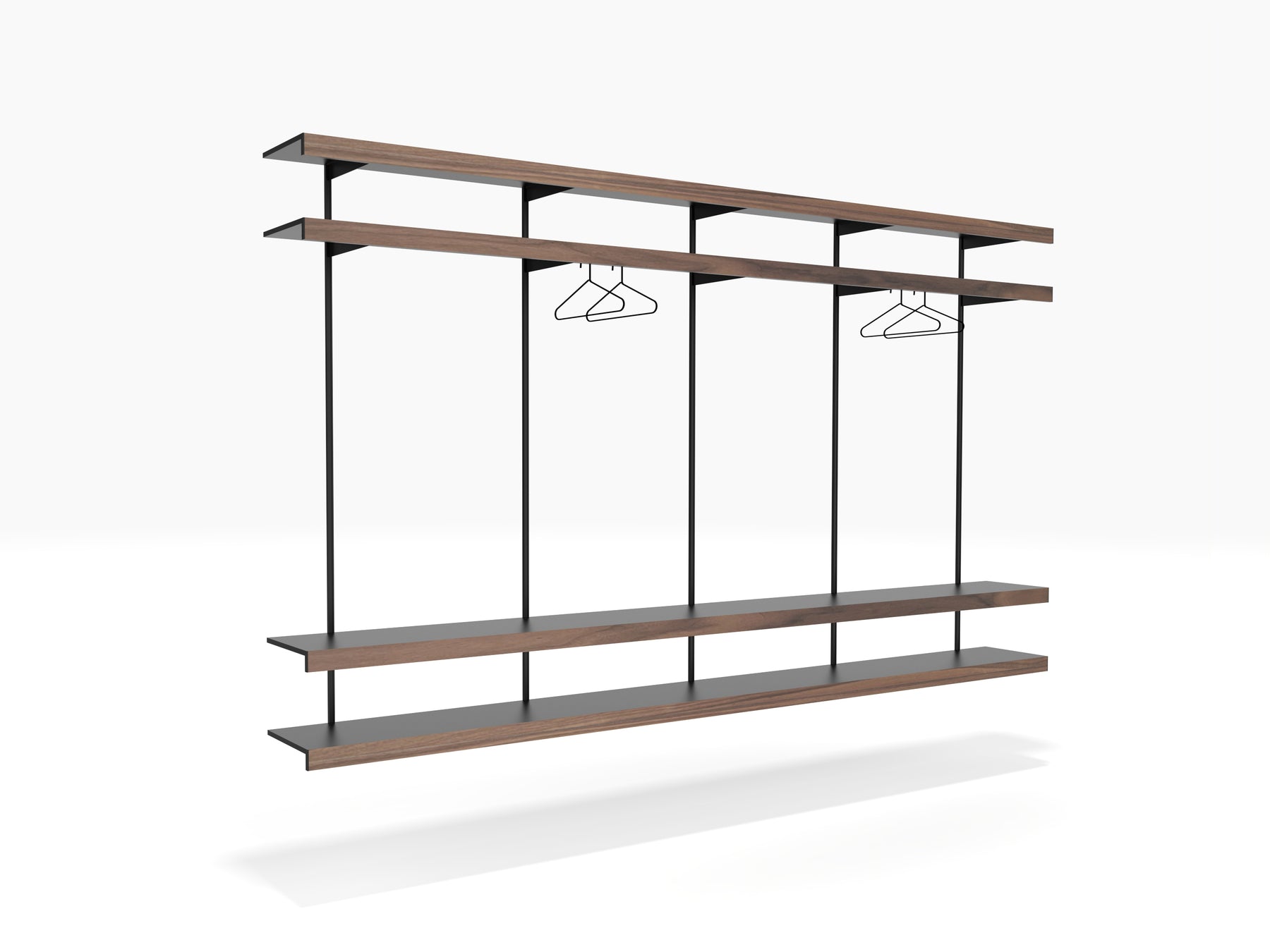 large modular shelving system with long clothes rail in black & walnut