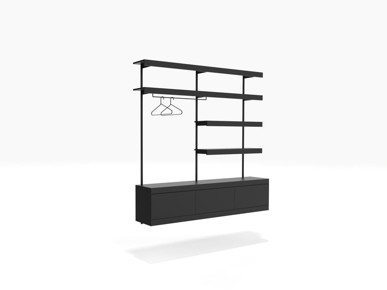 Walk-in wardrobe shelving system in black  