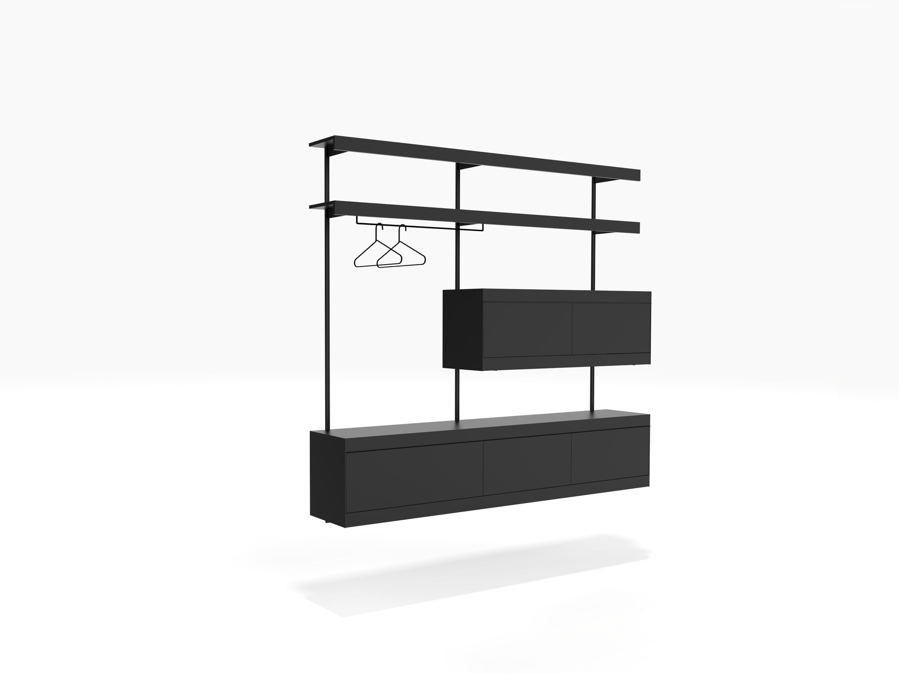 modern black wall shelving with wall cabinets and clothes hanger