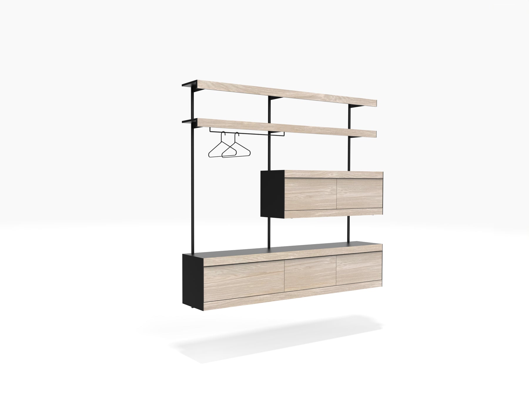 Bedroom wall shelving system with clothes hanger and drawers