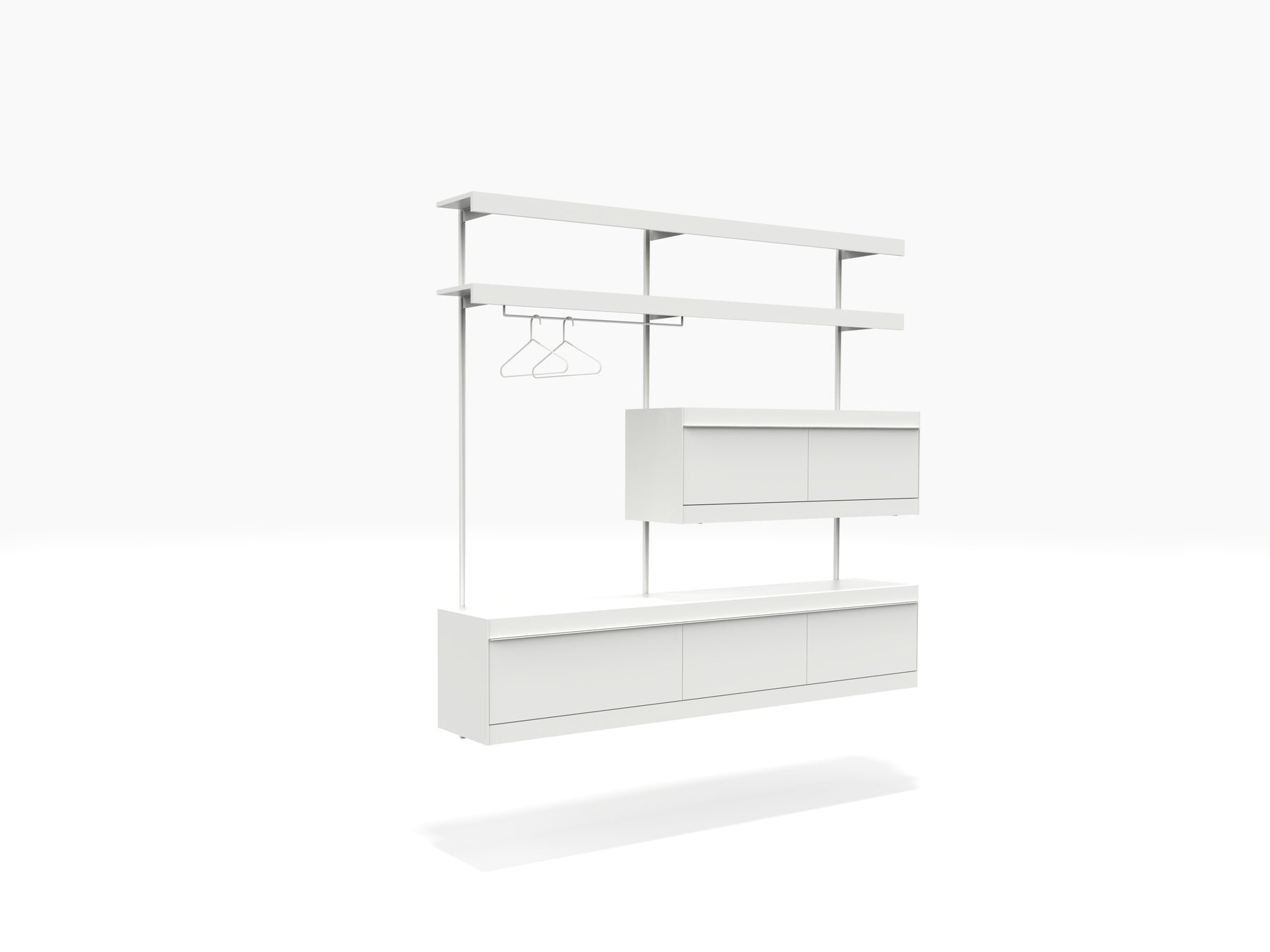 modular wall shelving system with clothes hanger and drawers