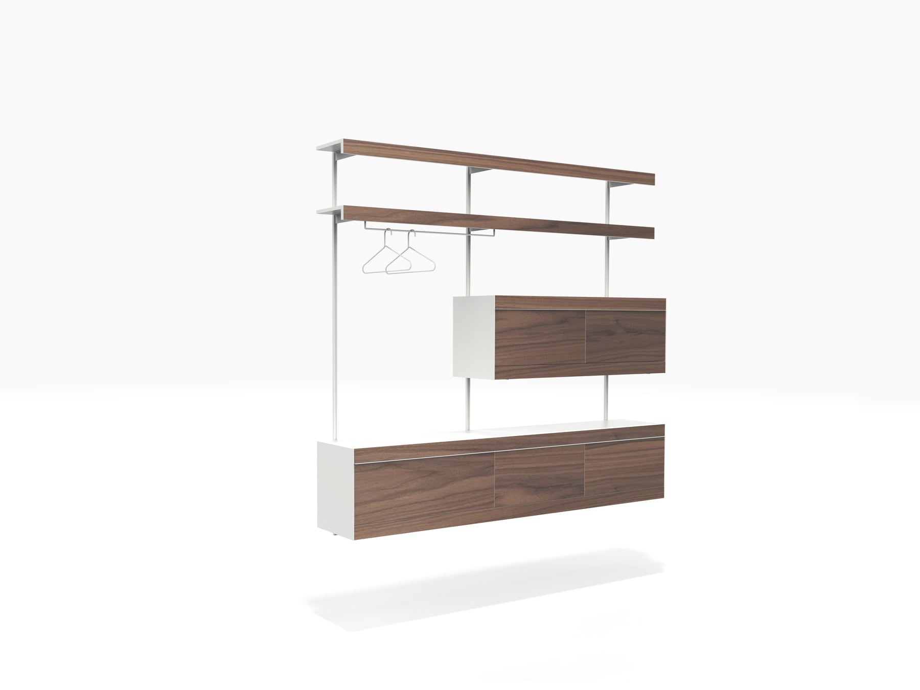 Wall mounted modular shelving system with cabinets and clothes hanger