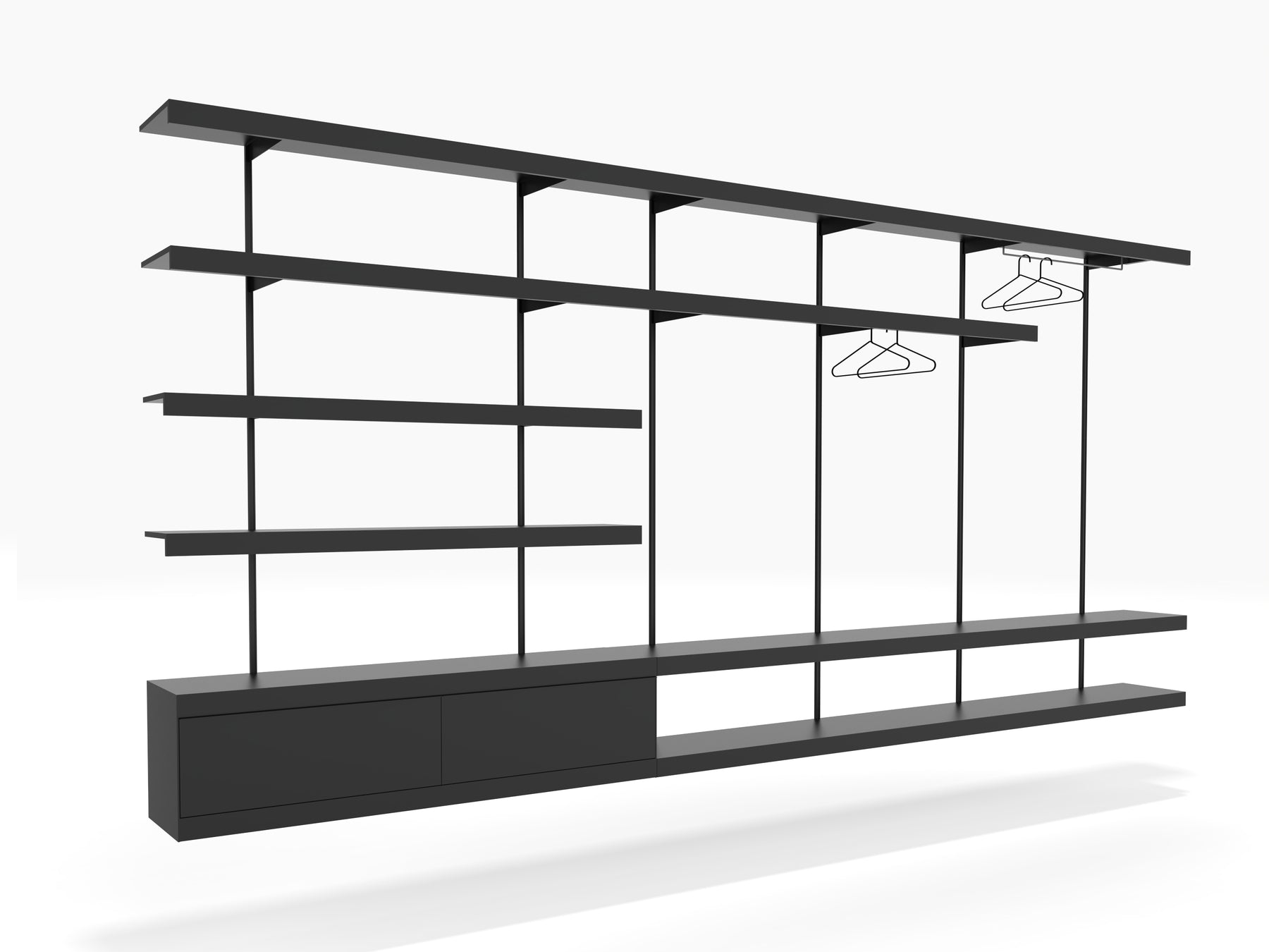 modular wall shelving with clothes storage and drawer cabinet