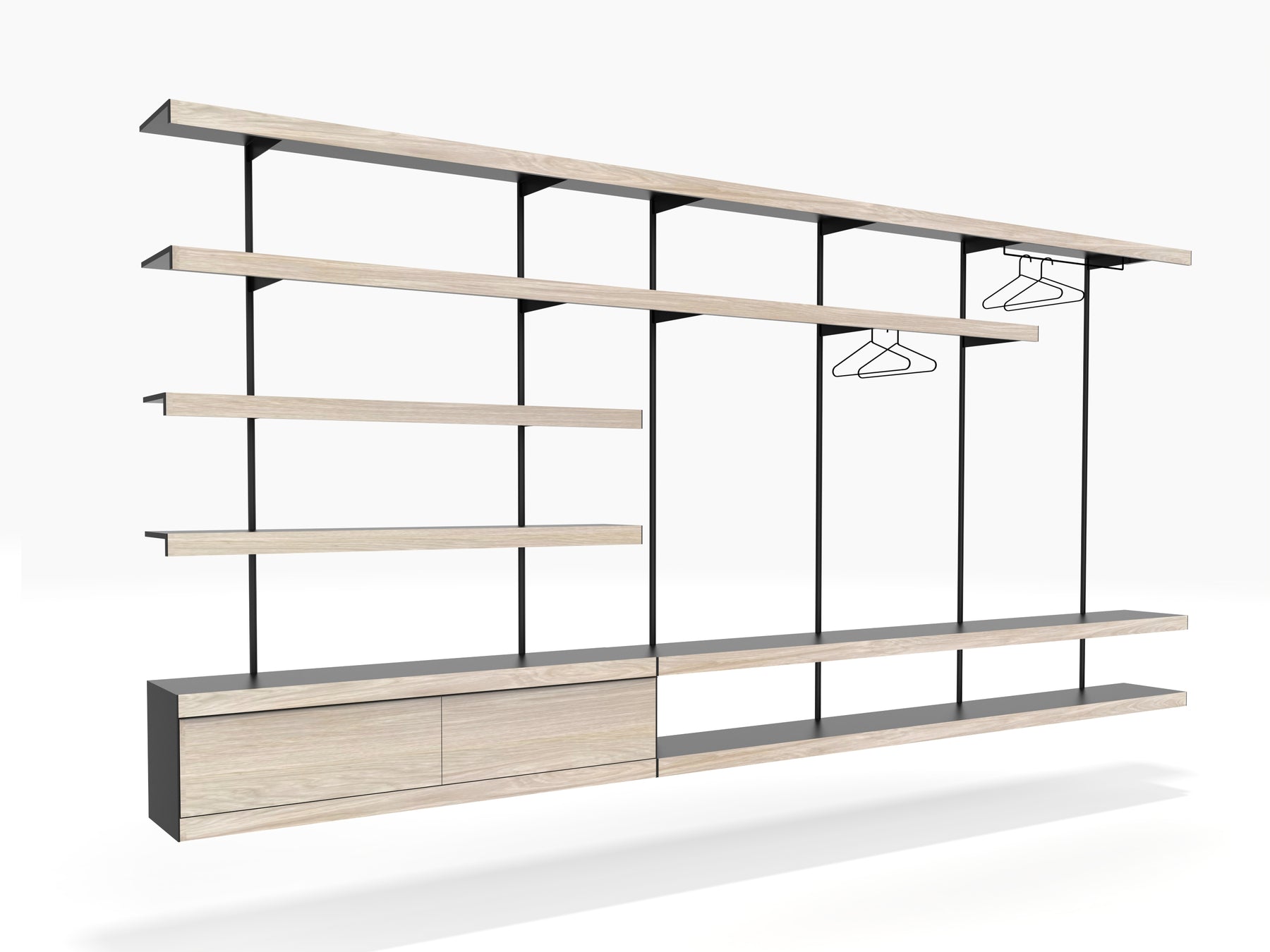 Oak & black wall shelving system with long seamless shelves by ON&ON