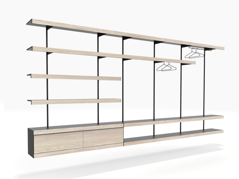 Oak & black wall shelving system with long seamless shelves by ON&ON