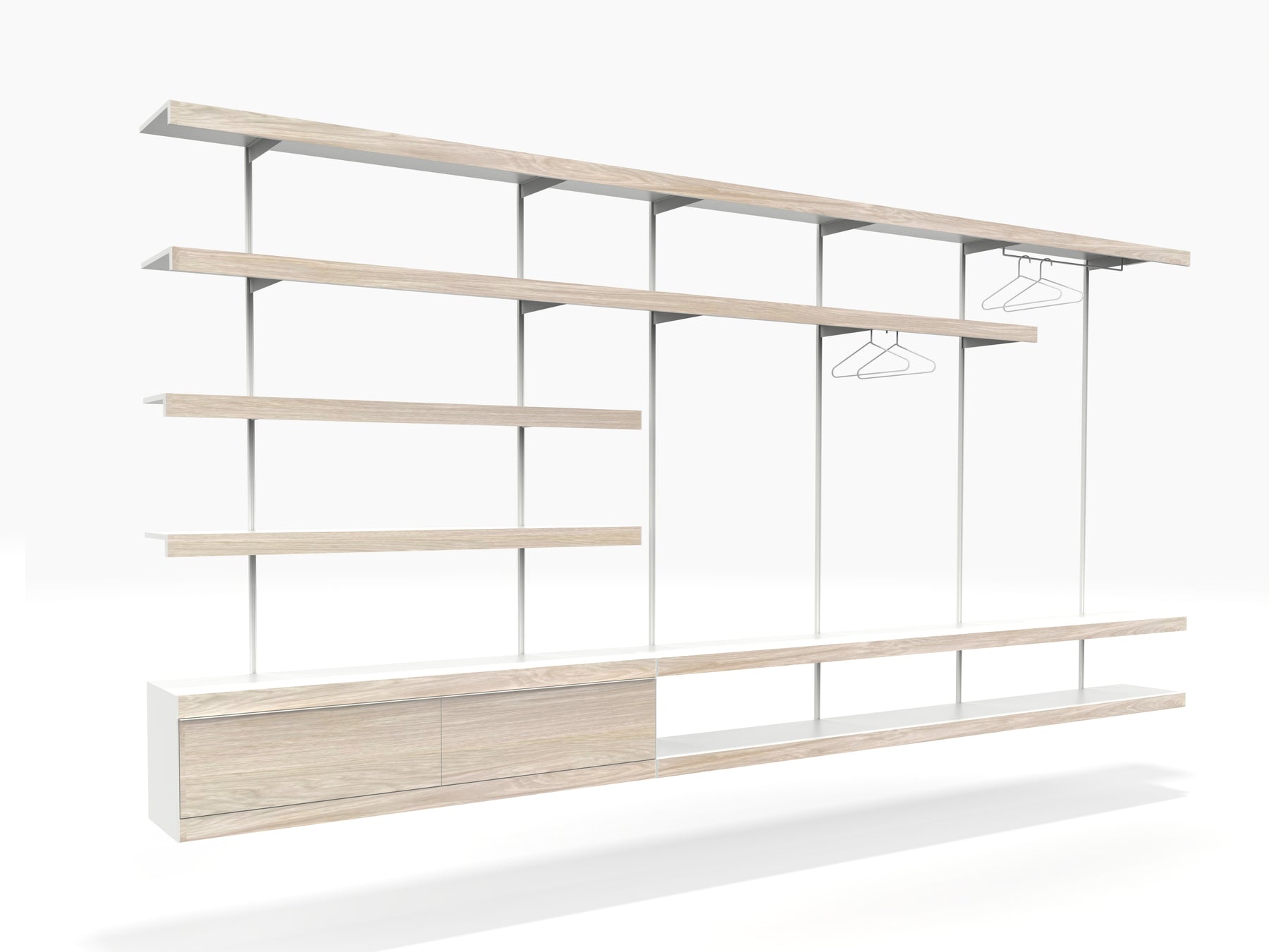 Contemporary wall mounted wardrobe shelving system made from aluminium