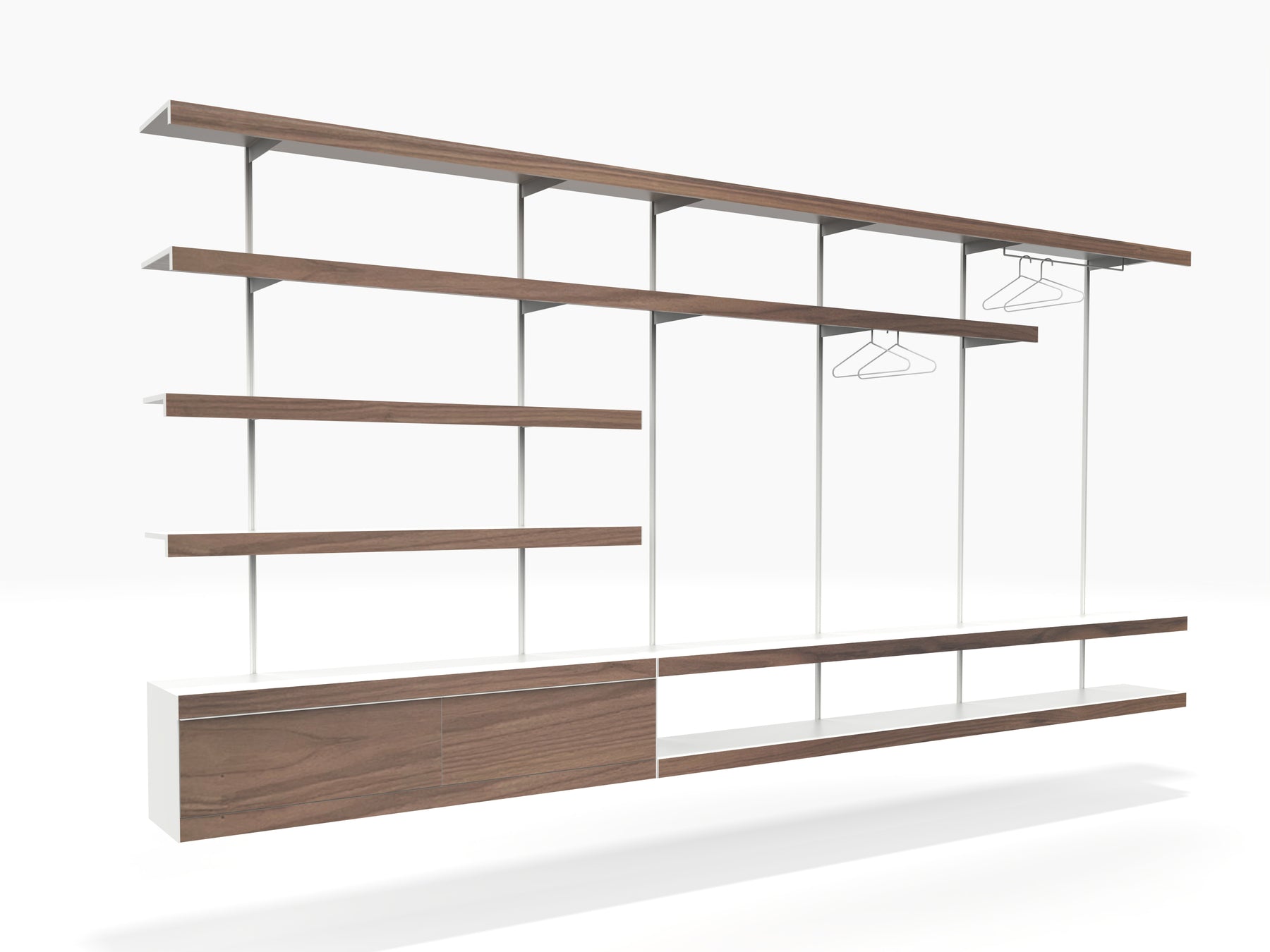 Long walnut & white wall shelves with clothes hangers and drawer cabinets