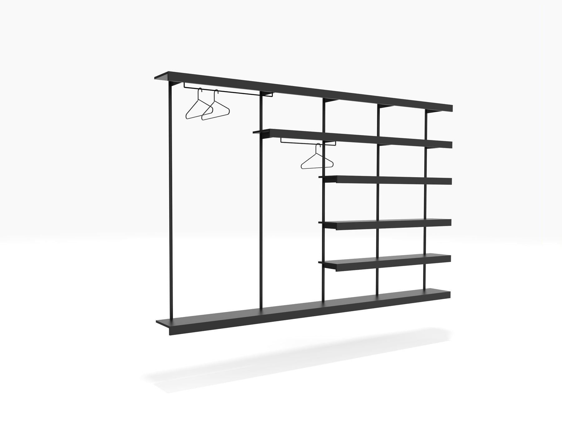 Bedroom shelving system wall mounted with clothes hangers