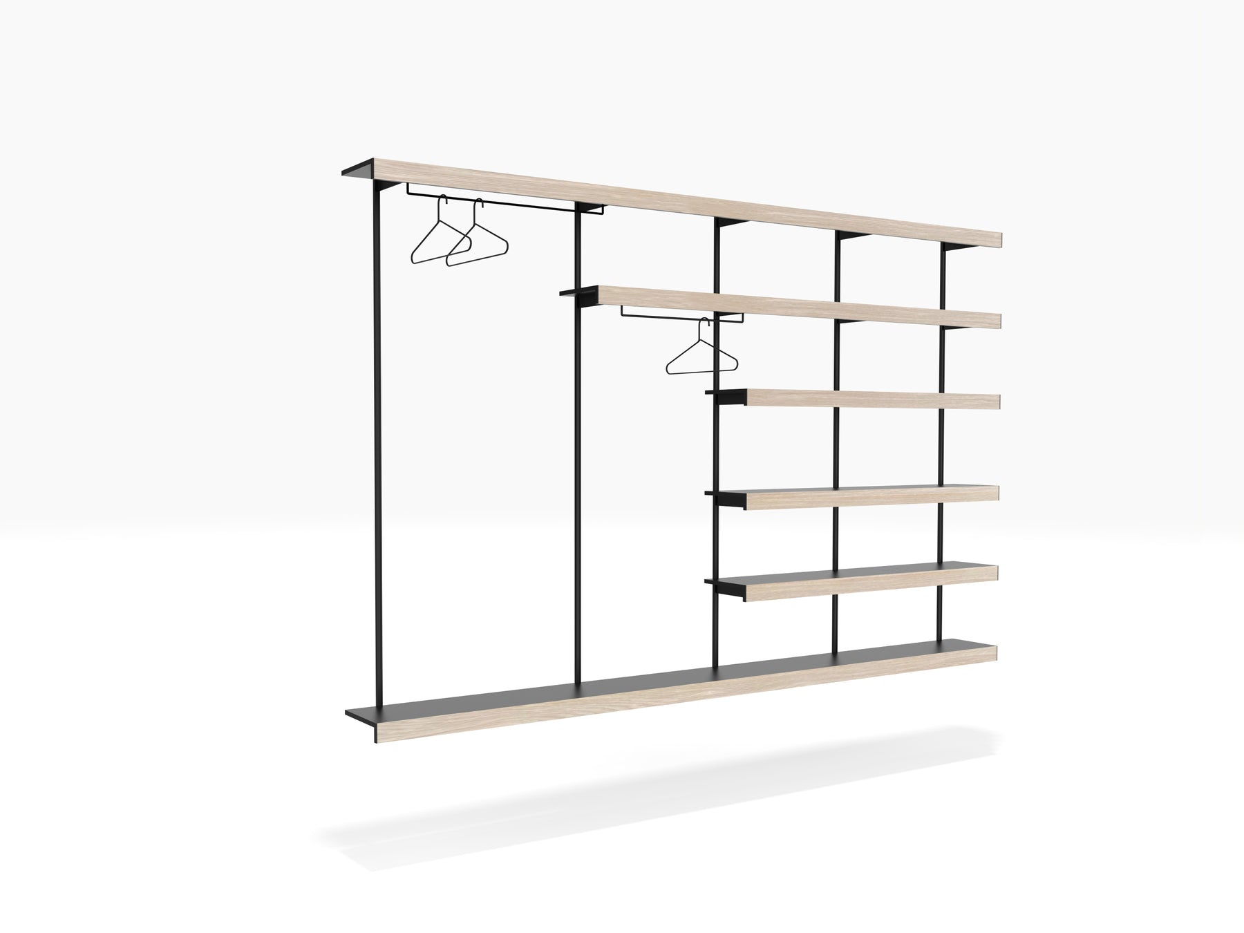 Oak & black modular shelving with clothes storage