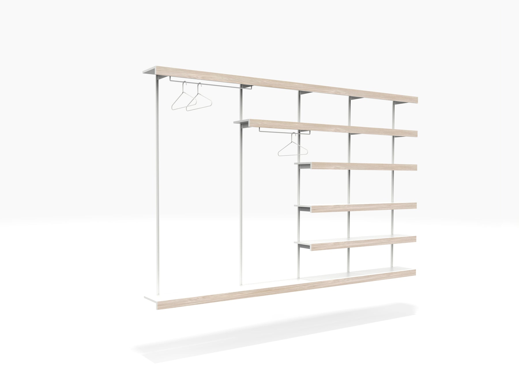 Walk-in wardrobe shelving system with long wall mounted shelves