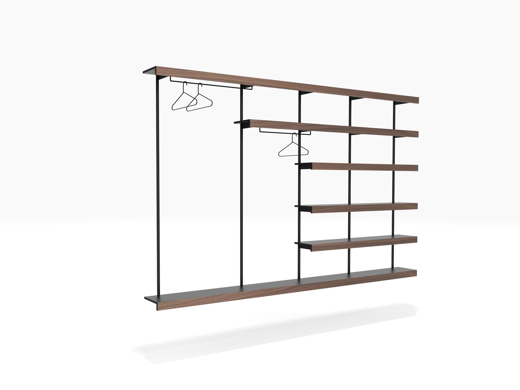 clothes shelving system wall mounted with hanging rails
