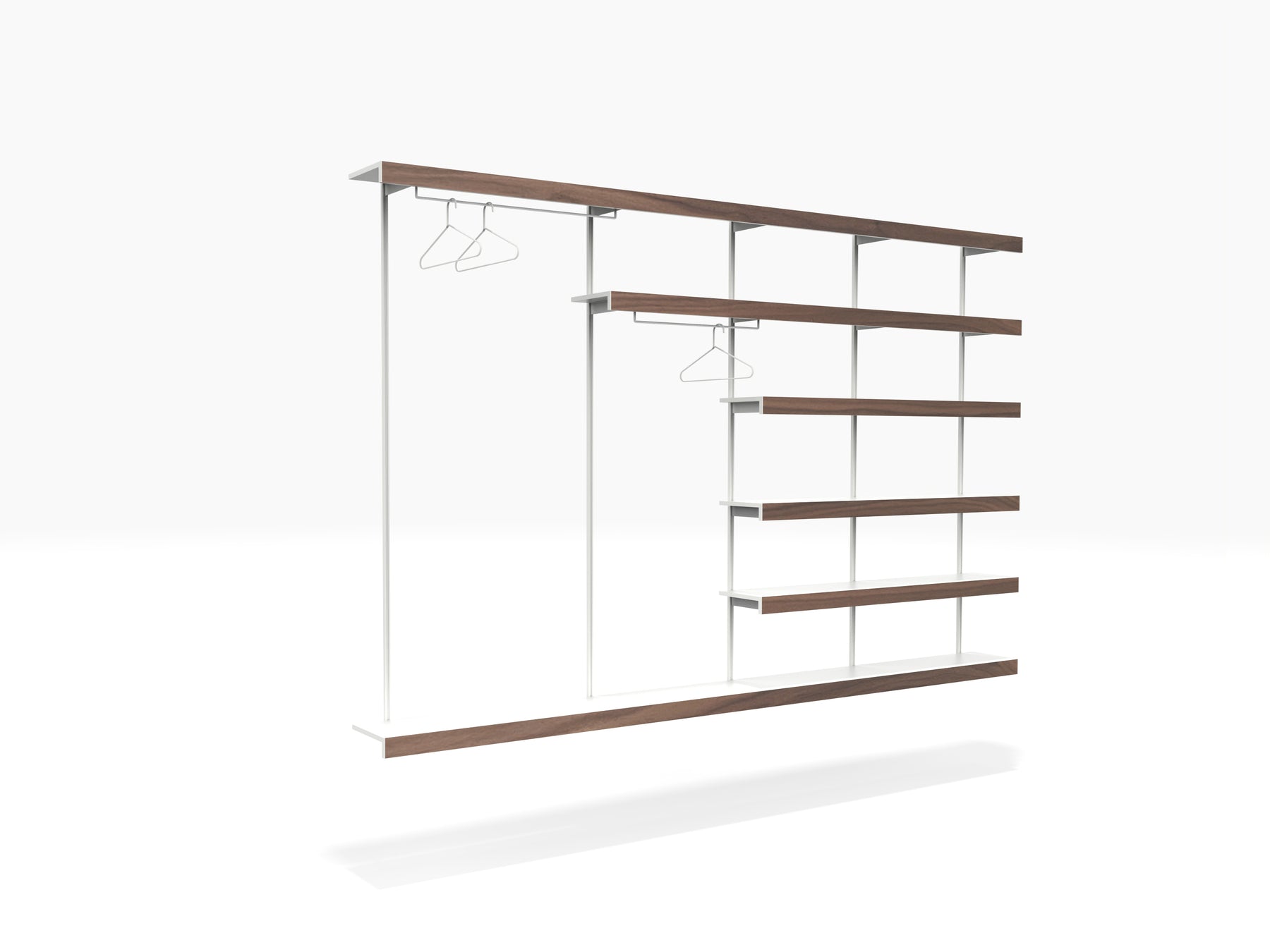 wall modular shelving system with clothes hanging areas in white & walnut