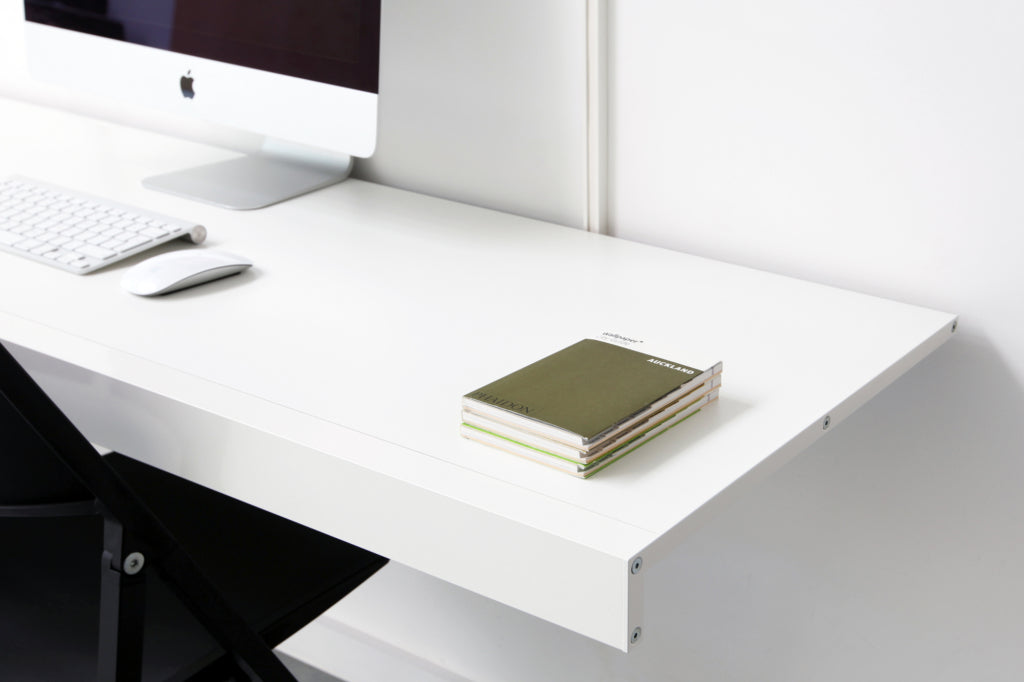 long floating wall desk detail in white
