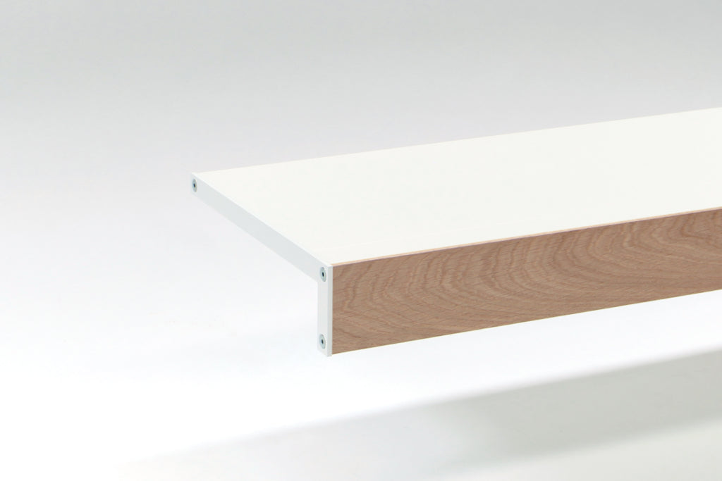 modern white shelf with oak front